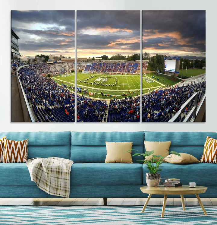 The wall art is a Duke University Blue Devils Football Team print featuring Durham's Wallace Wade Stadium, beautifully crafted on canvas with a gallery-quality finish.