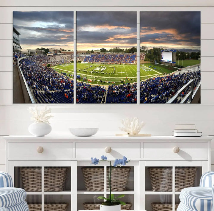 The wall art is a Duke University Blue Devils Football Team print featuring Durham's Wallace Wade Stadium, beautifully crafted on canvas with a gallery-quality finish.