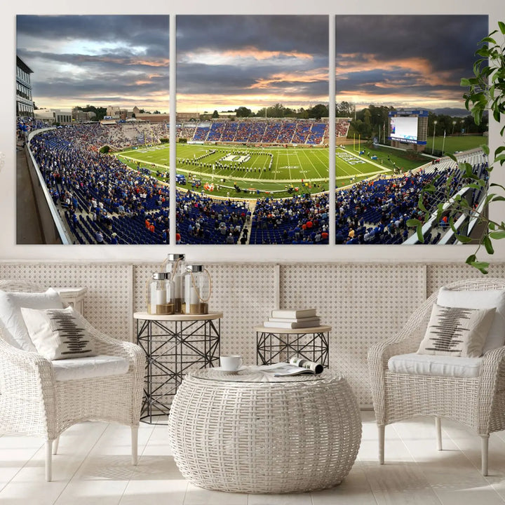 The wall art is a Duke University Blue Devils Football Team print featuring Durham's Wallace Wade Stadium, beautifully crafted on canvas with a gallery-quality finish.