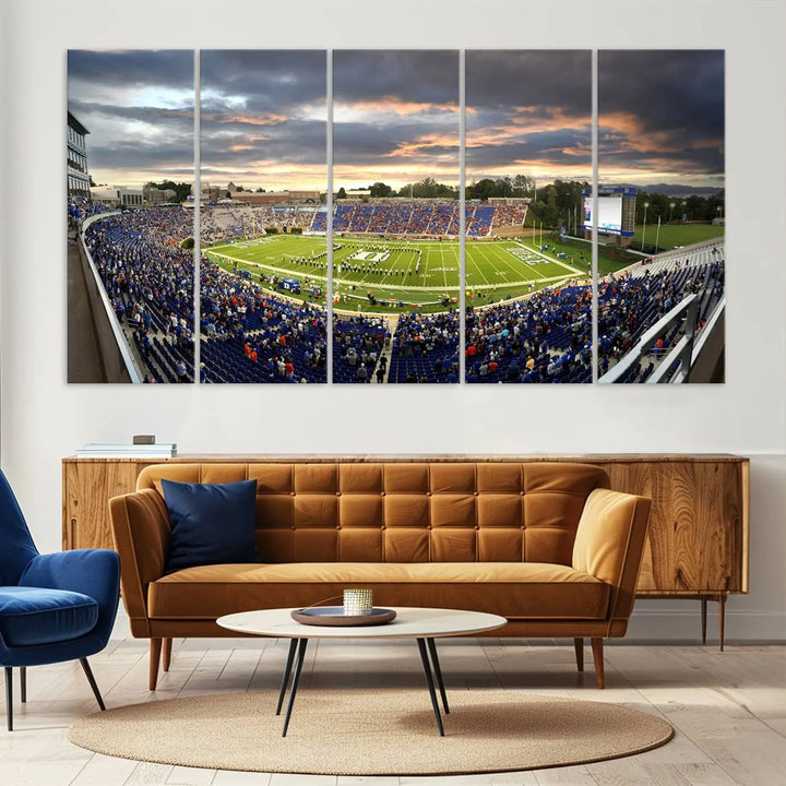 The wall art is a Duke University Blue Devils Football Team print featuring Durham's Wallace Wade Stadium, beautifully crafted on canvas with a gallery-quality finish.