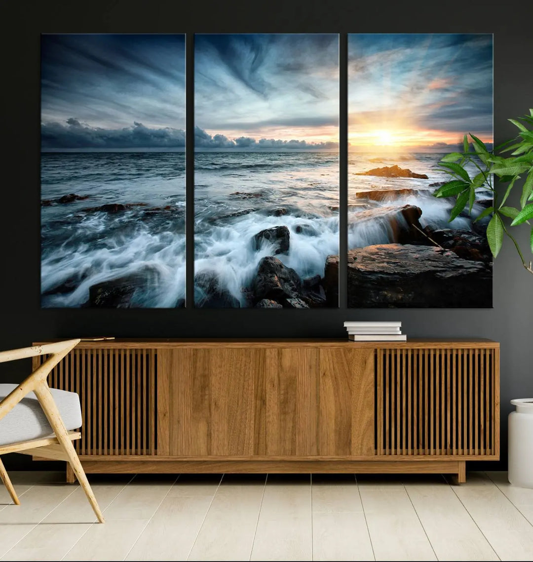 Dynamic Ocean Waves Triptych Canvas Art, Giclee Canvas Print Featuring a Dramatic Ocean Sunrise, Canon Print Quality with Gallery Wrap