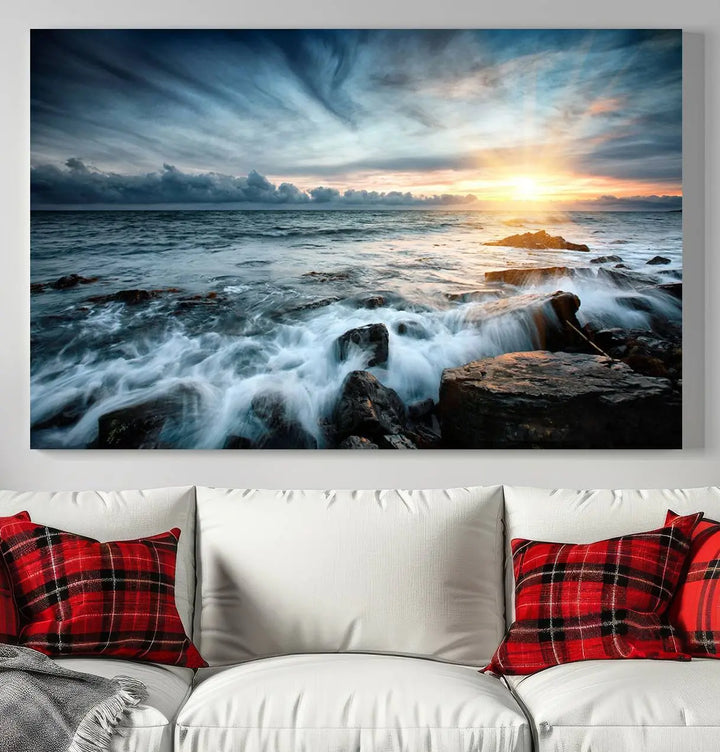 Dynamic Ocean Waves Triptych Canvas Art, Giclee Canvas Print Featuring a Dramatic Ocean Sunrise, Canon Print Quality with Gallery Wrap