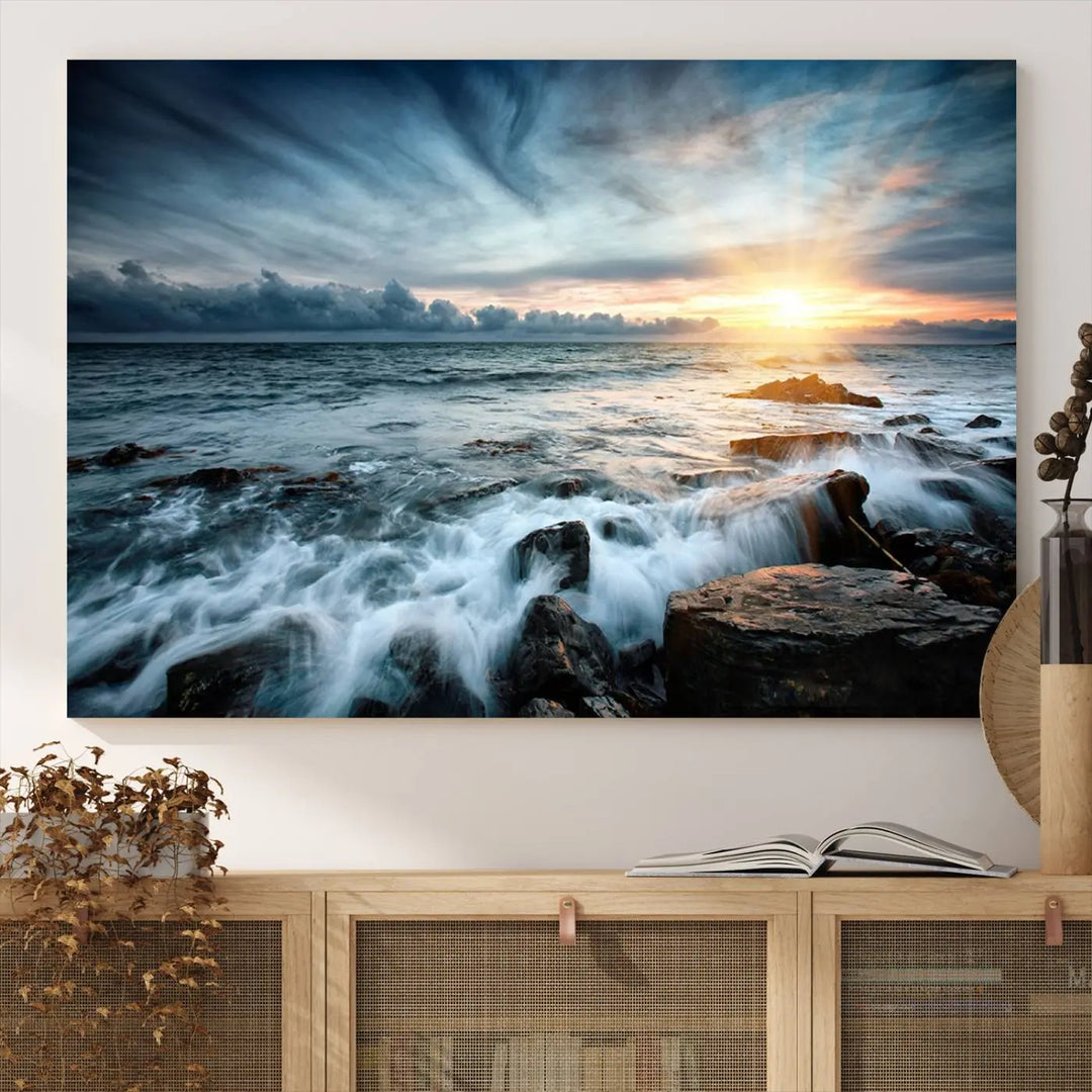 Dynamic Ocean Waves Triptych Canvas Art, Giclee Canvas Print Featuring a Dramatic Ocean Sunrise, Canon Print Quality with Gallery Wrap