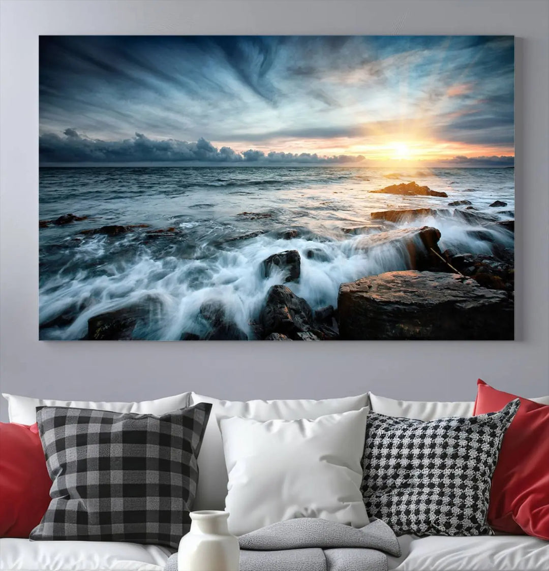 Dynamic Ocean Waves Triptych Canvas Art, Giclee Canvas Print Featuring a Dramatic Ocean Sunrise, Canon Print Quality with Gallery Wrap