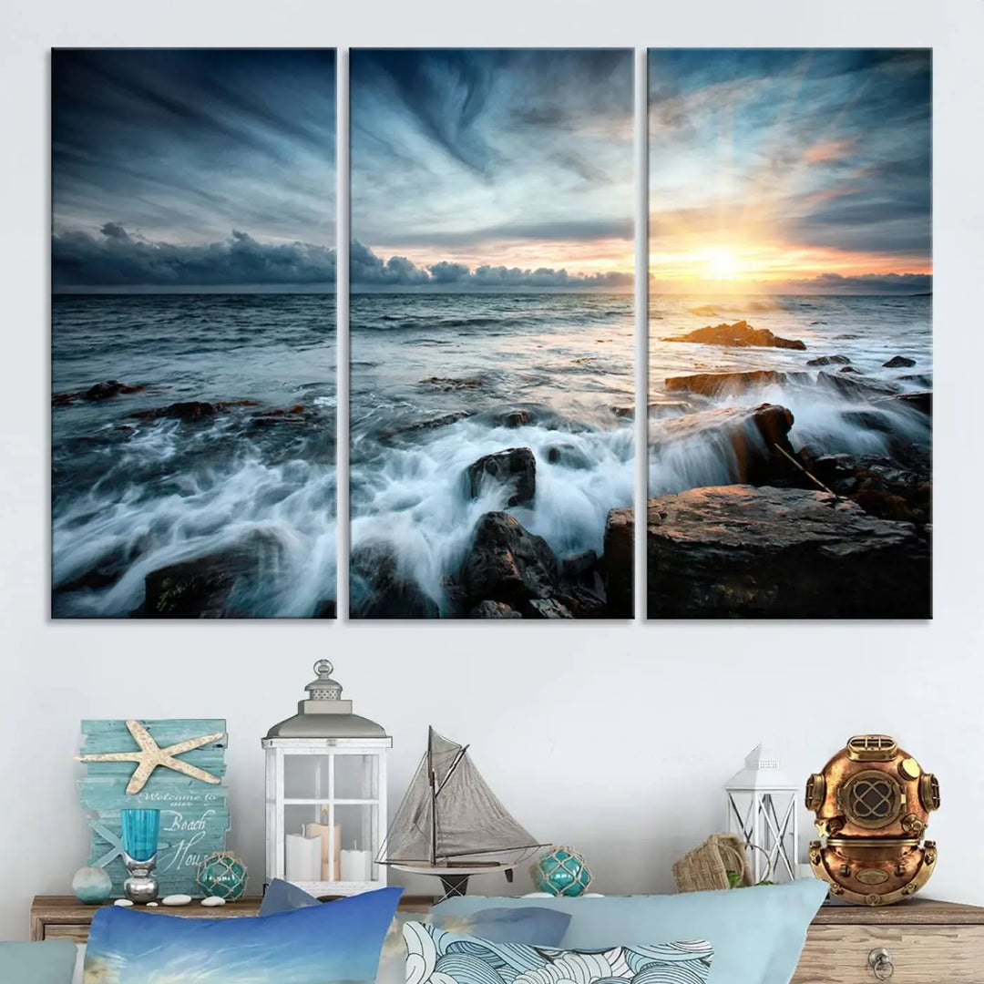 Dynamic Ocean Waves Triptych Canvas Art, Giclee Canvas Print Featuring a Dramatic Ocean Sunrise, Canon Print Quality with Gallery Wrap