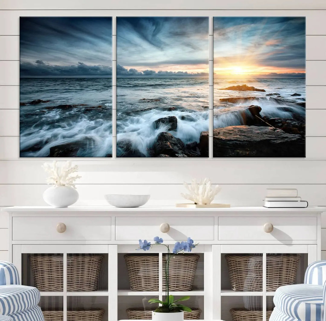 Dynamic Ocean Waves Triptych Canvas Art, Giclee Canvas Print Featuring a Dramatic Ocean Sunrise, Canon Print Quality with Gallery Wrap