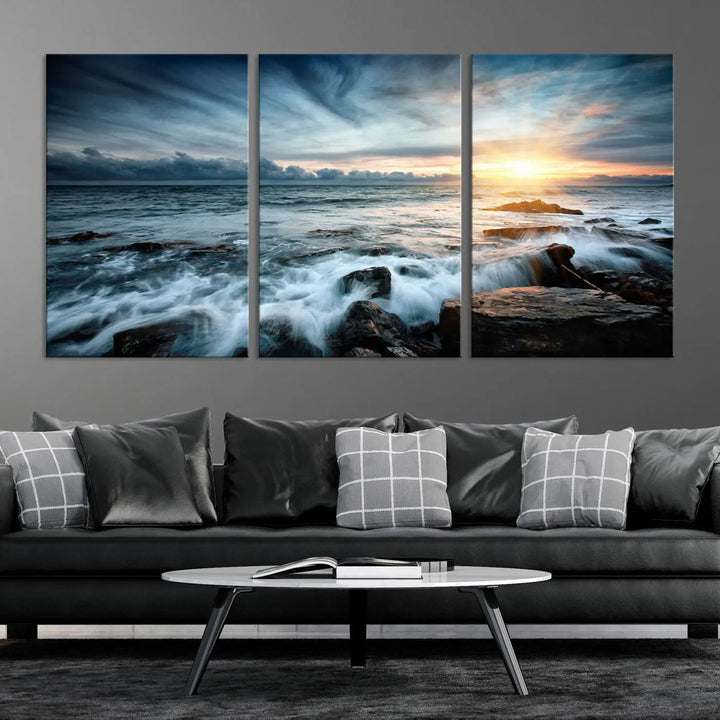 Dynamic Ocean Waves Triptych Canvas Art, Giclee Canvas Print Featuring a Dramatic Ocean Sunrise, Canon Print Quality with Gallery Wrap