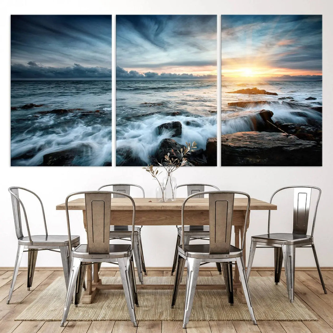 Dynamic Ocean Waves Triptych Canvas Art, Giclee Canvas Print Featuring a Dramatic Ocean Sunrise, Canon Print Quality with Gallery Wrap