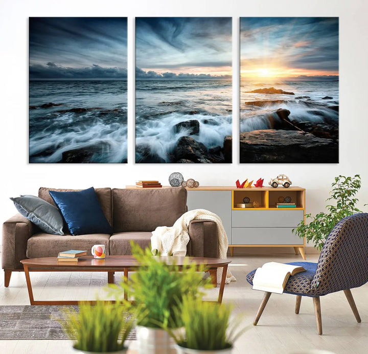 Dynamic Ocean Waves Triptych Canvas Art, Giclee Canvas Print Featuring a Dramatic Ocean Sunrise, Canon Print Quality with Gallery Wrap