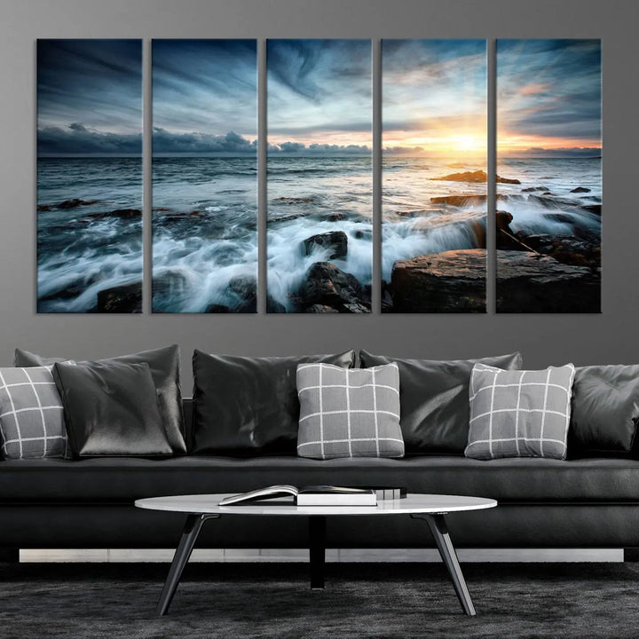 Dynamic Ocean Waves Triptych Canvas Art, Giclee Canvas Print Featuring a Dramatic Ocean Sunrise, Canon Print Quality with Gallery Wrap