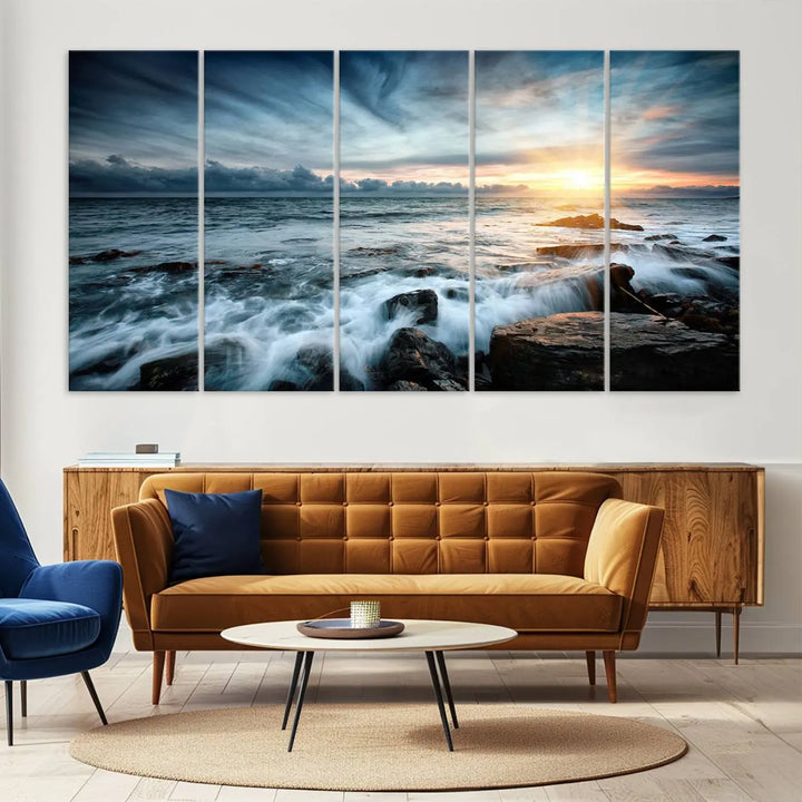 Dynamic Ocean Waves Triptych Canvas Art, Giclee Canvas Print Featuring a Dramatic Ocean Sunrise, Canon Print Quality with Gallery Wrap