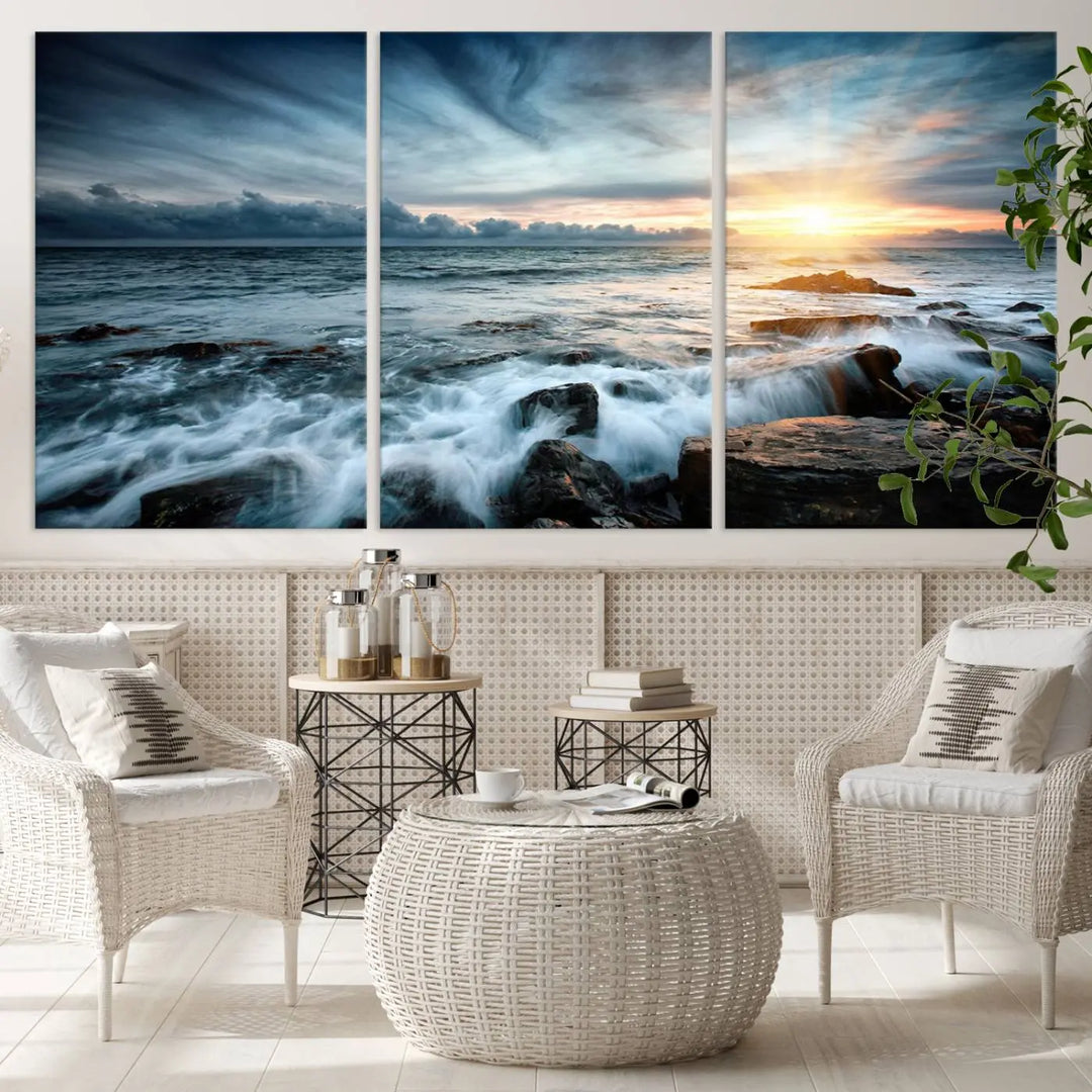 Dynamic Ocean Waves Triptych Canvas Art, Giclee Canvas Print Featuring a Dramatic Ocean Sunrise, Canon Print Quality with Gallery Wrap