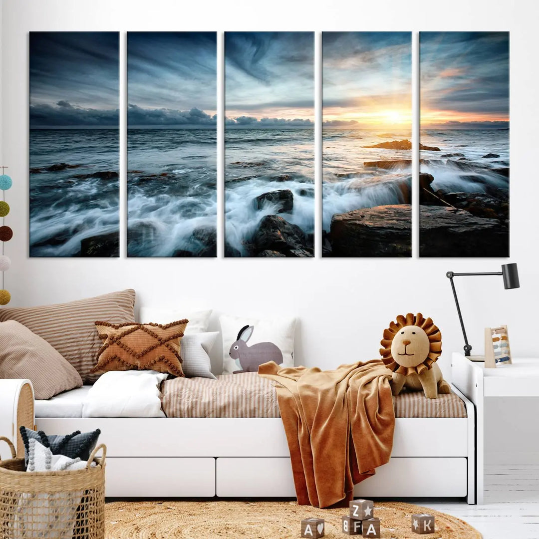 Dynamic Ocean Waves Triptych Canvas Art, Giclee Canvas Print Featuring a Dramatic Ocean Sunrise, Canon Print Quality with Gallery Wrap