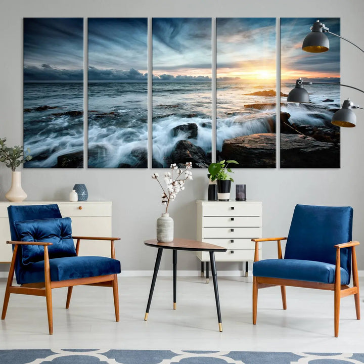 Dynamic Ocean Waves Triptych Canvas Art, Giclee Canvas Print Featuring a Dramatic Ocean Sunrise, Canon Print Quality with Gallery Wrap