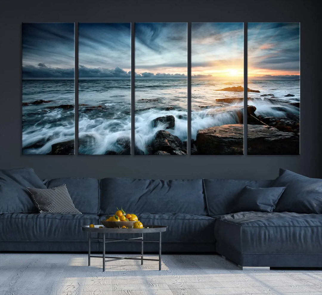 Dynamic Ocean Waves Triptych Canvas Art, Giclee Canvas Print Featuring a Dramatic Ocean Sunrise, Canon Print Quality with Gallery Wrap