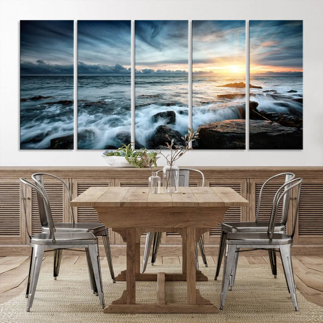 Dynamic Ocean Waves Triptych Canvas Art, Giclee Canvas Print Featuring a Dramatic Ocean Sunrise, Canon Print Quality with Gallery Wrap