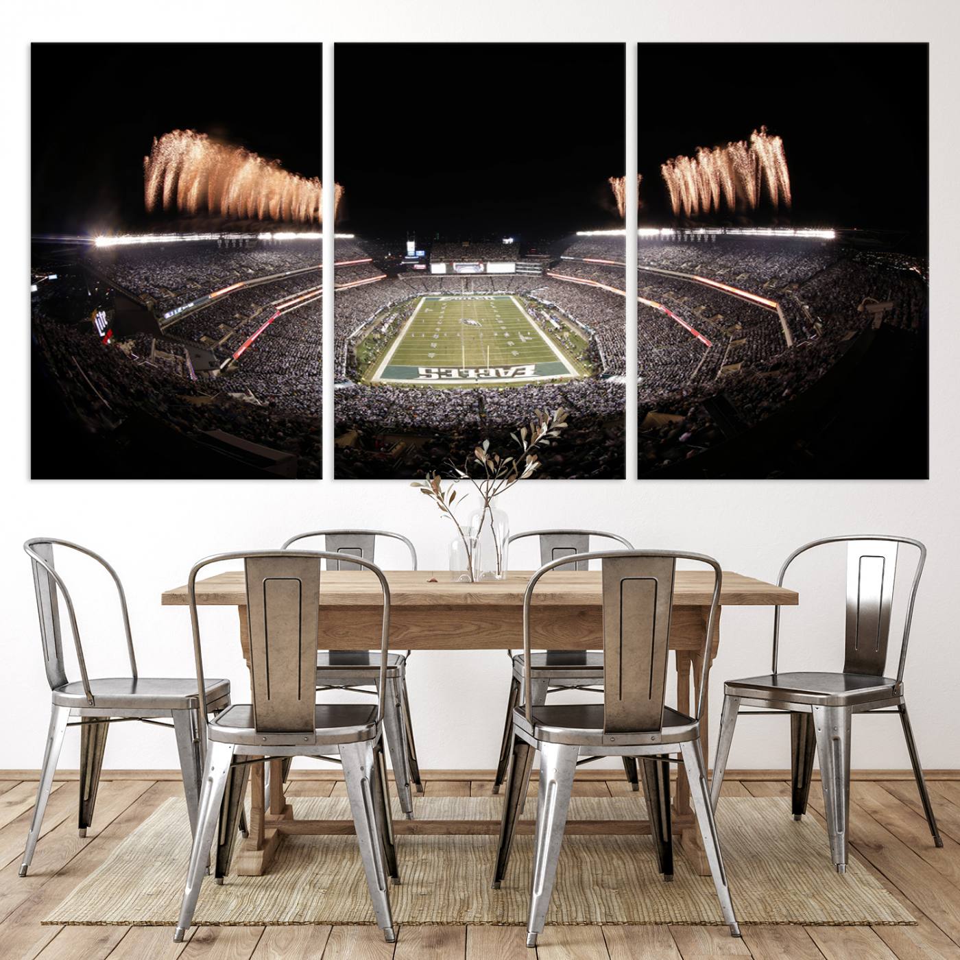 48893-MGV-CV-36X24-Eagles Field Stadium Wall Art - Lincoln Financial Field Fireworks Game Triple Canvas Wall Art - Philadelphia Eagles NFL Match