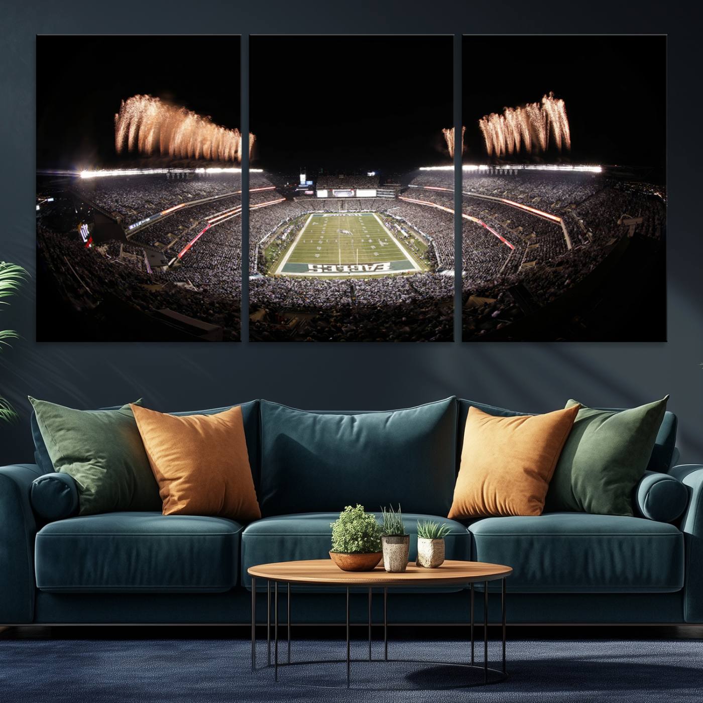 48893-MGV-CV-36X24-Eagles Field Stadium Wall Art - Lincoln Financial Field Fireworks Game Triple Canvas Wall Art - Philadelphia Eagles NFL Match