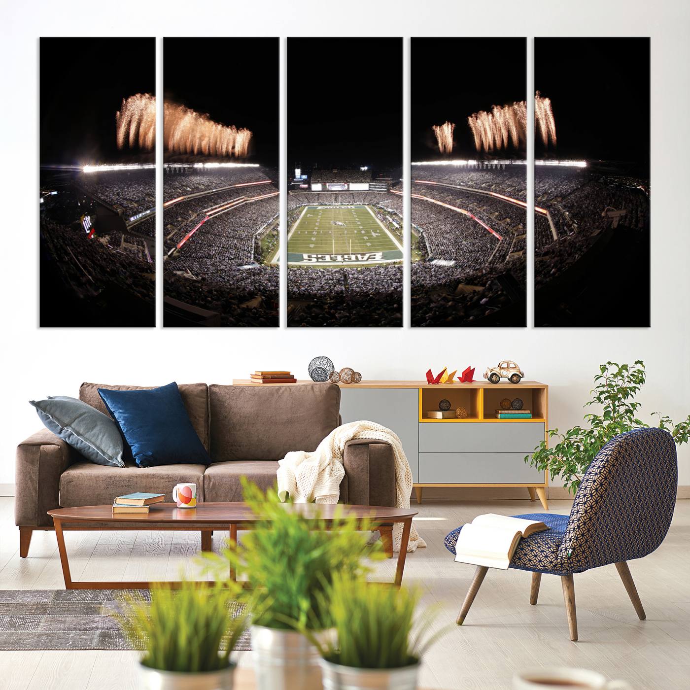 48893-MGV-CV-36X24-Eagles Field Stadium Wall Art - Lincoln Financial Field Fireworks Game Triple Canvas Wall Art - Philadelphia Eagles NFL Match