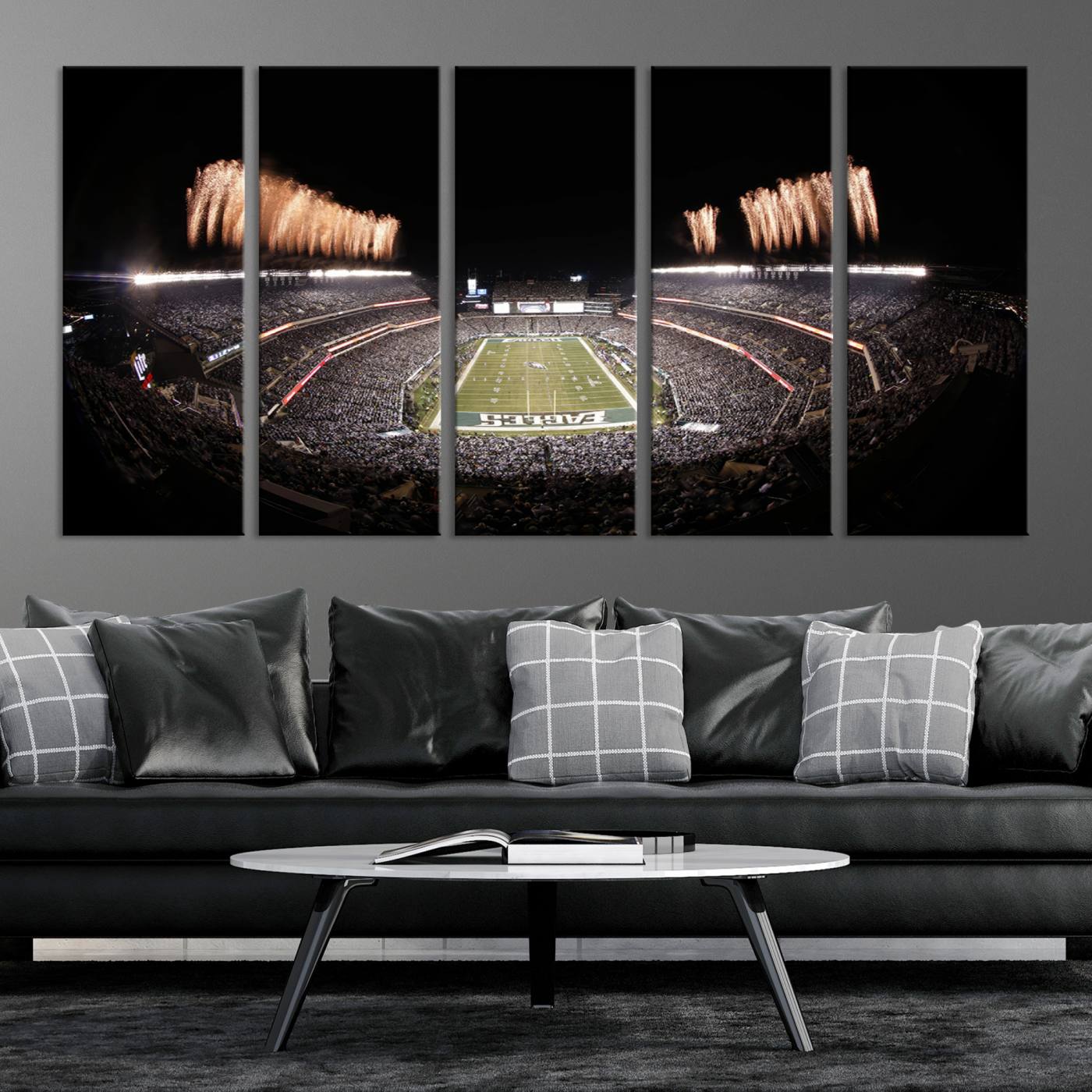 48893-MGV-CV-36X24-Eagles Field Stadium Wall Art - Lincoln Financial Field Fireworks Game Triple Canvas Wall Art - Philadelphia Eagles NFL Match