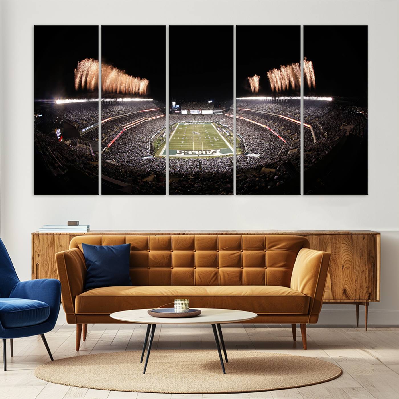 48893-MGV-CV-36X24-Eagles Field Stadium Wall Art - Lincoln Financial Field Fireworks Game Triple Canvas Wall Art - Philadelphia Eagles NFL Match
