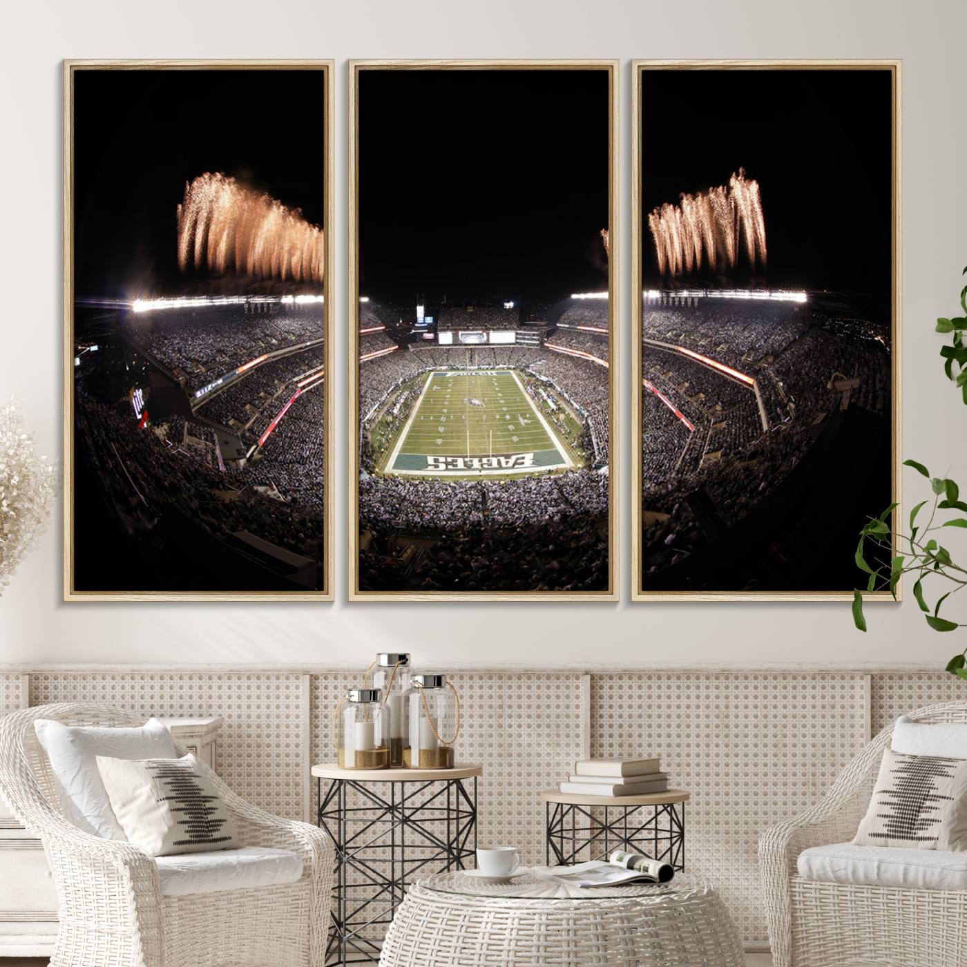 48893-MGV-CV-36X24-Eagles Field Stadium Wall Art - Lincoln Financial Field Fireworks Game Triple Canvas Wall Art - Philadelphia Eagles NFL Match