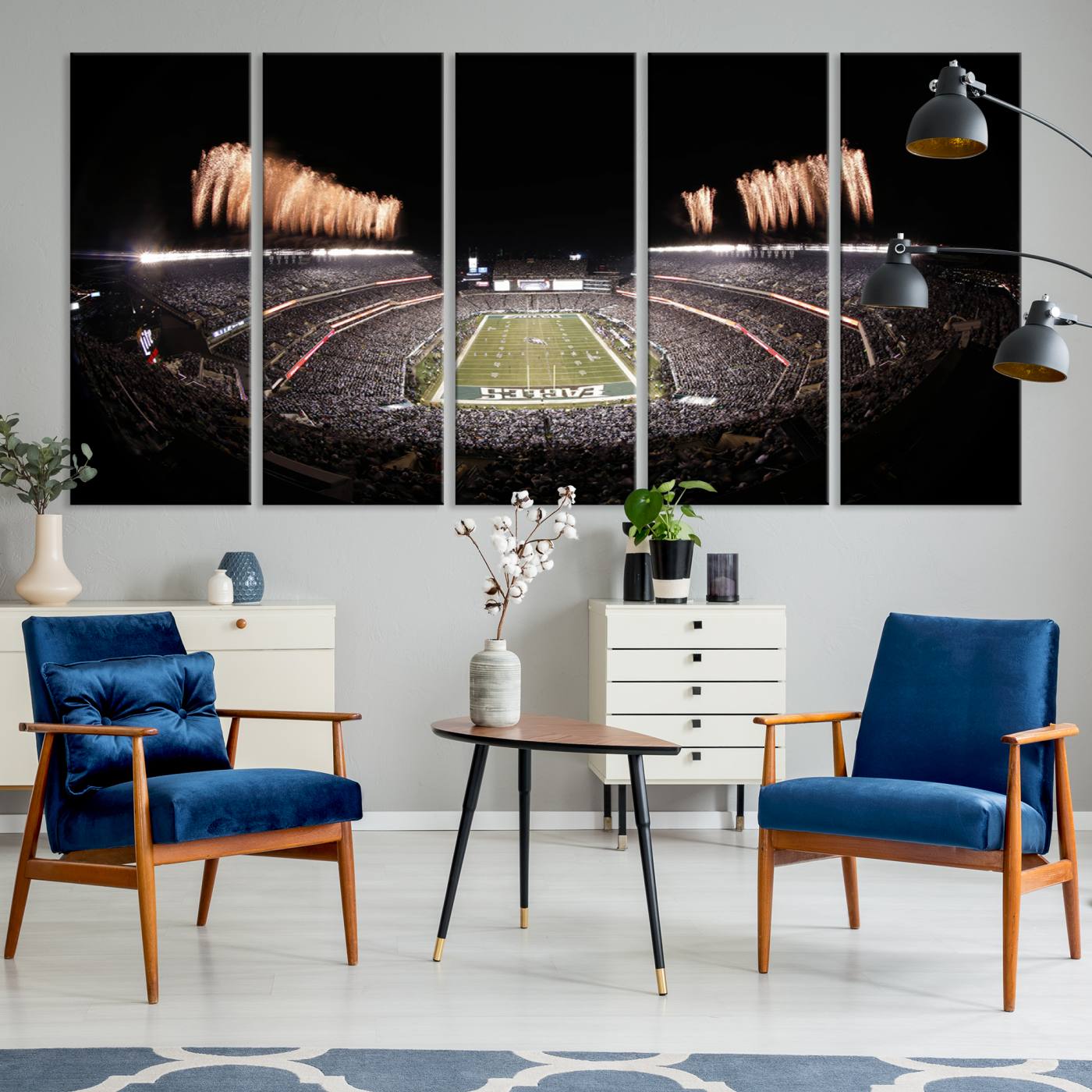 48893-MGV-CV-60X31-5P-Eagles Field Stadium Wall Art - Lincoln Financial Field Fireworks Game Triple Canvas Wall Art - Philadelphia Eagles NFL Match