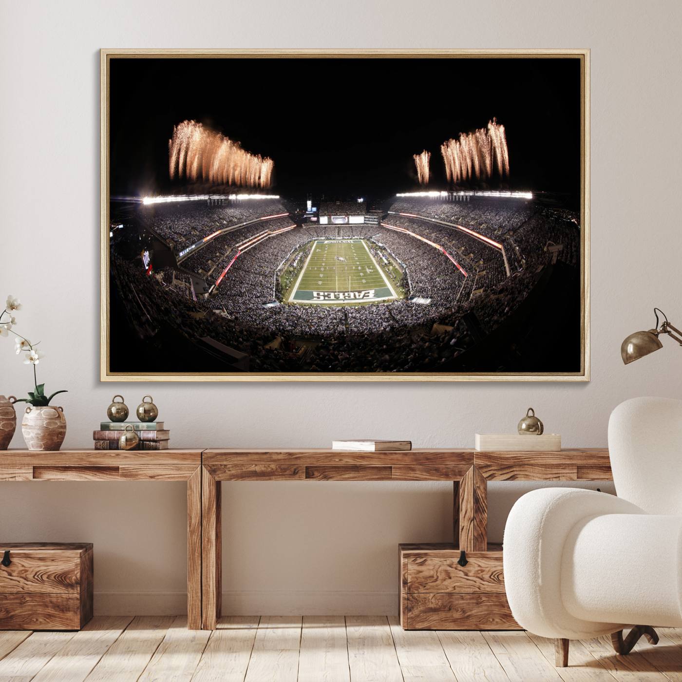 48893-MGV-FC-36X24_Natural-Eagles Field Stadium Wall Art - Lincoln Financial Field Fireworks Game Triple Canvas Wall Art - Philadelphia Eagles NFL Match