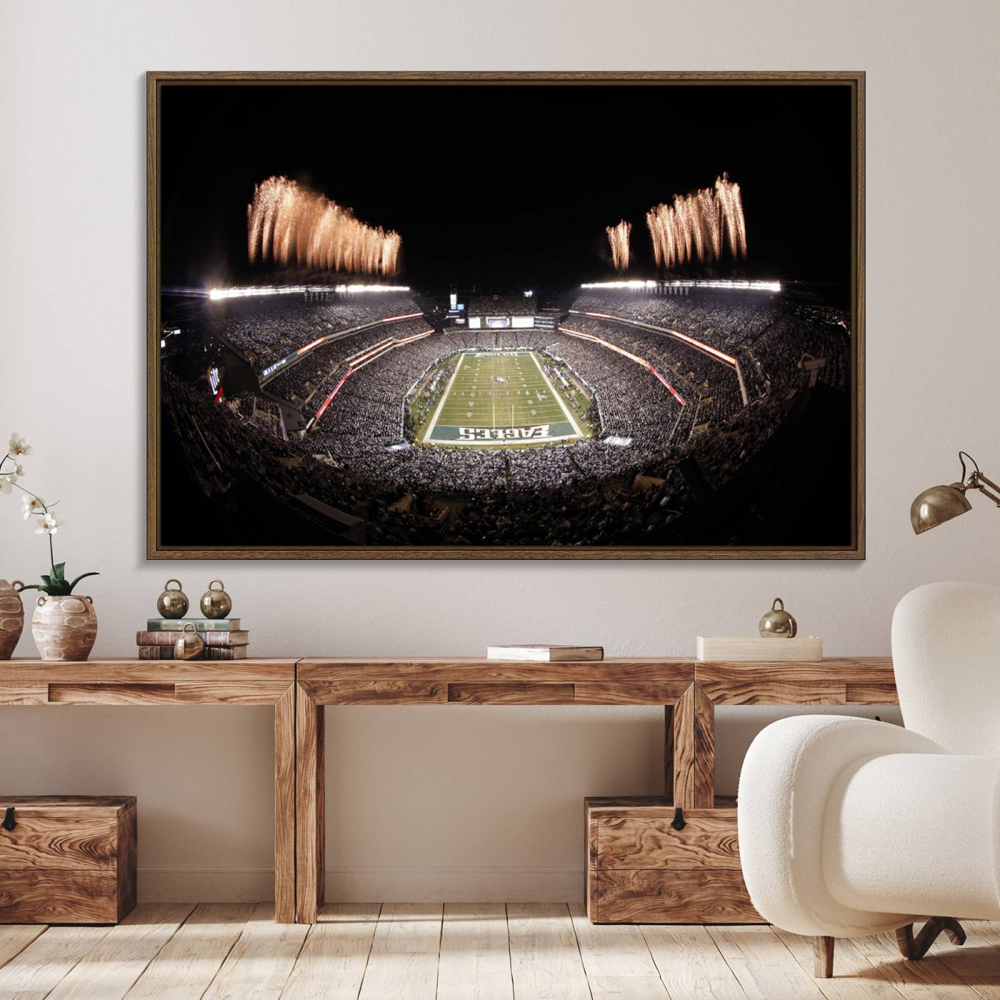 48893-MGV-FC-36X24_Walnut-Eagles Field Stadium Wall Art - Lincoln Financial Field Fireworks Game Triple Canvas Wall Art - Philadelphia Eagles NFL Match