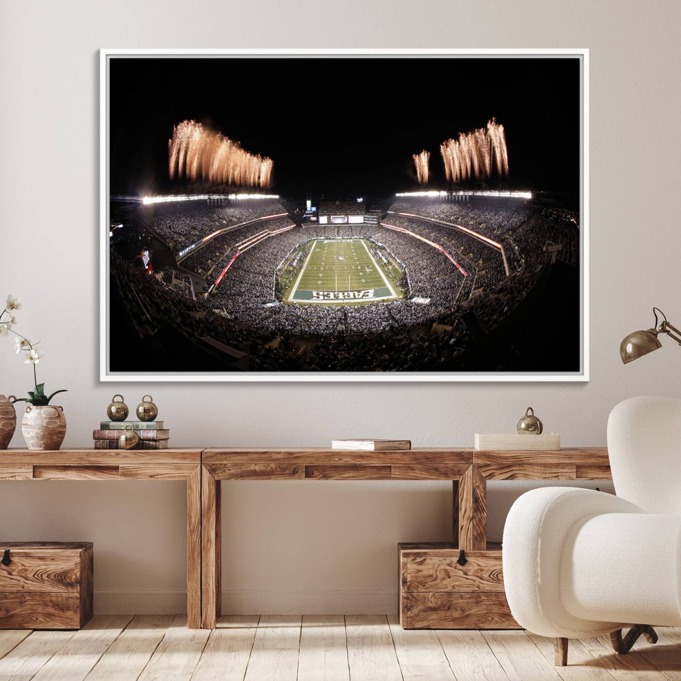 48893-MGV-FC-36X24_White-Eagles Field Stadium Wall Art - Lincoln Financial Field Fireworks Game Triple Canvas Wall Art - Philadelphia Eagles NFL Match