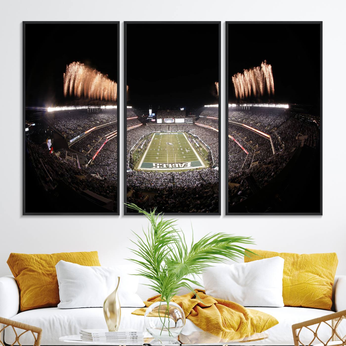 48893-MGV-FC-48X32-3P_Black-Eagles Field Stadium Wall Art - Lincoln Financial Field Fireworks Game Triple Canvas Wall Art - Philadelphia Eagles NFL Match