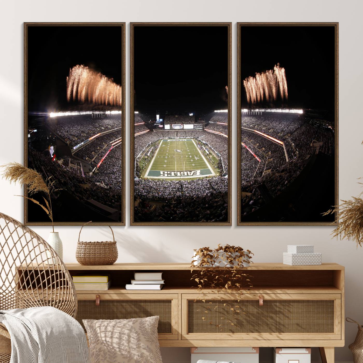 48893-MGV-FC-48X32-3P_Walnut-Eagles Field Stadium Wall Art - Lincoln Financial Field Fireworks Game Triple Canvas Wall Art - Philadelphia Eagles NFL Match