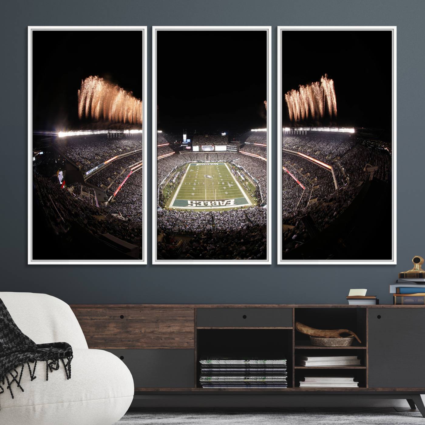 48893-MGV-FC-48X32-3P_White-Eagles Field Stadium Wall Art - Lincoln Financial Field Fireworks Game Triple Canvas Wall Art - Philadelphia Eagles NFL Match