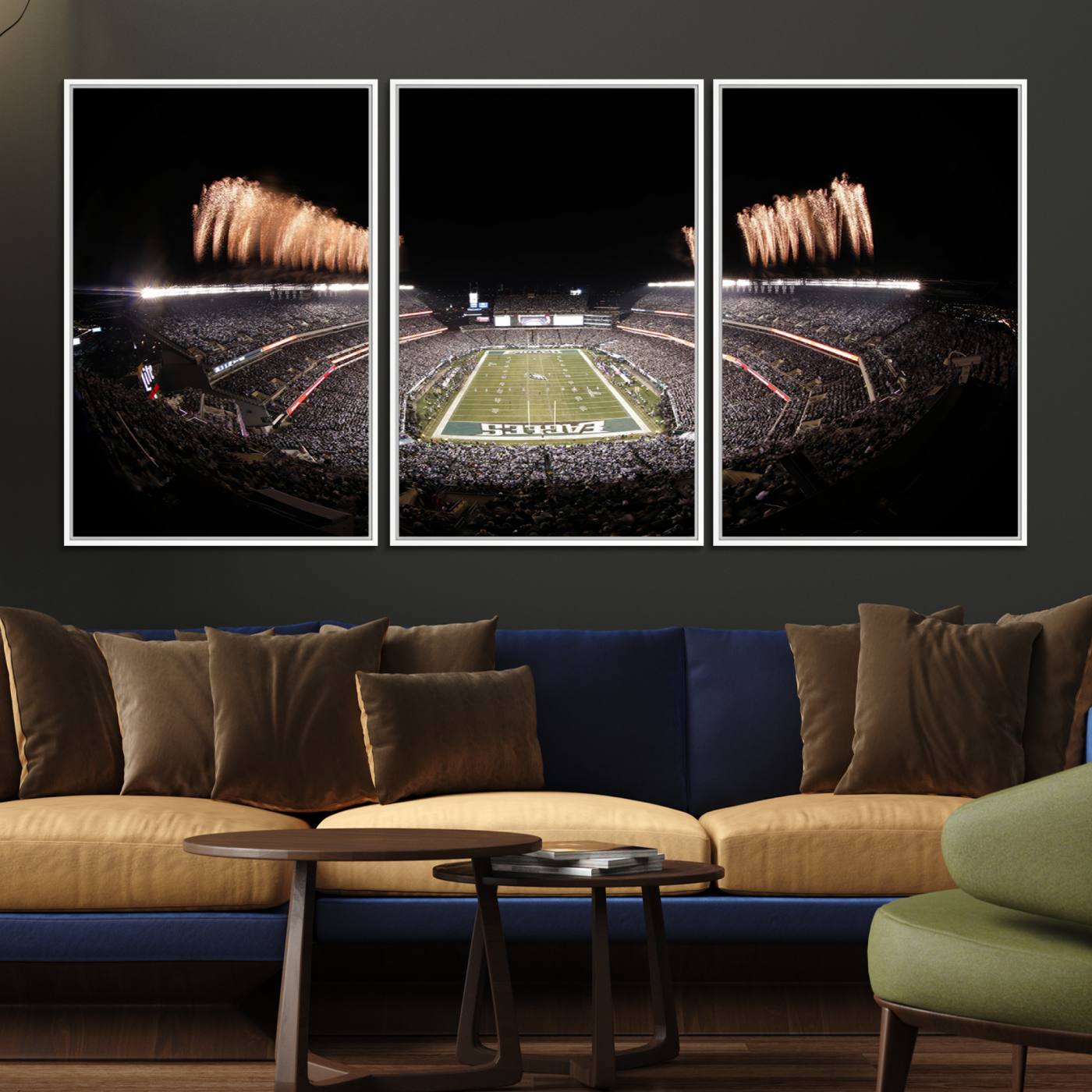 48893-MGV-FC-60X30-3P_White-Eagles Field Stadium Wall Art - Lincoln Financial Field Fireworks Game Triple Canvas Wall Art - Philadelphia Eagles NFL Match