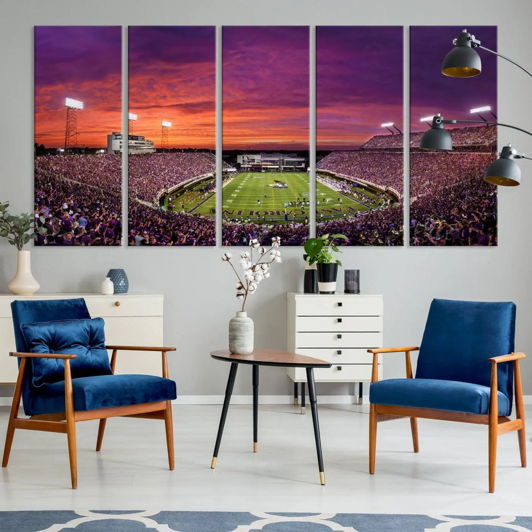 The East Carolina University Pirates Football Team Print, showcasing the vibrant Greenville Dowdy-Ficklen Stadium at sunset on museum-quality canvas and handcrafted in the USA, is a stunning piece of wall art.