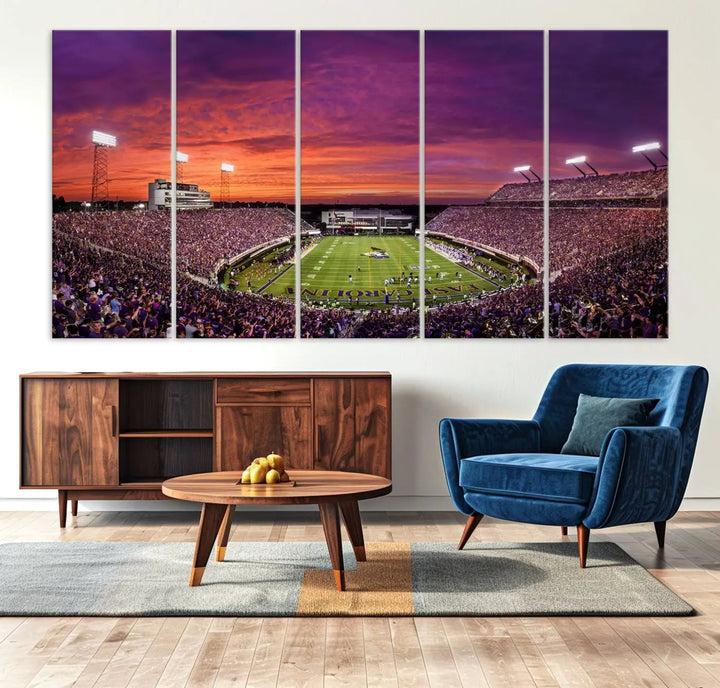 The East Carolina University Pirates Football Team Print, showcasing the vibrant Greenville Dowdy-Ficklen Stadium at sunset on museum-quality canvas and handcrafted in the USA, is a stunning piece of wall art.