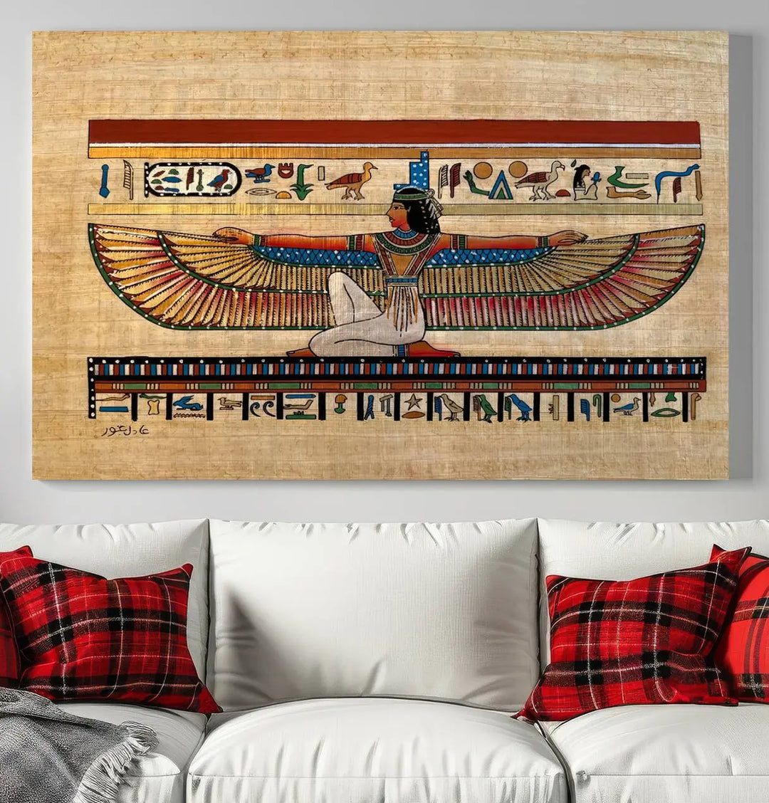 The "Egypt Isis Wall Art Canvas Print" features a winged figure in Egyptian style with high-resolution precision on museum-quality canvas, creating a striking visual impact.