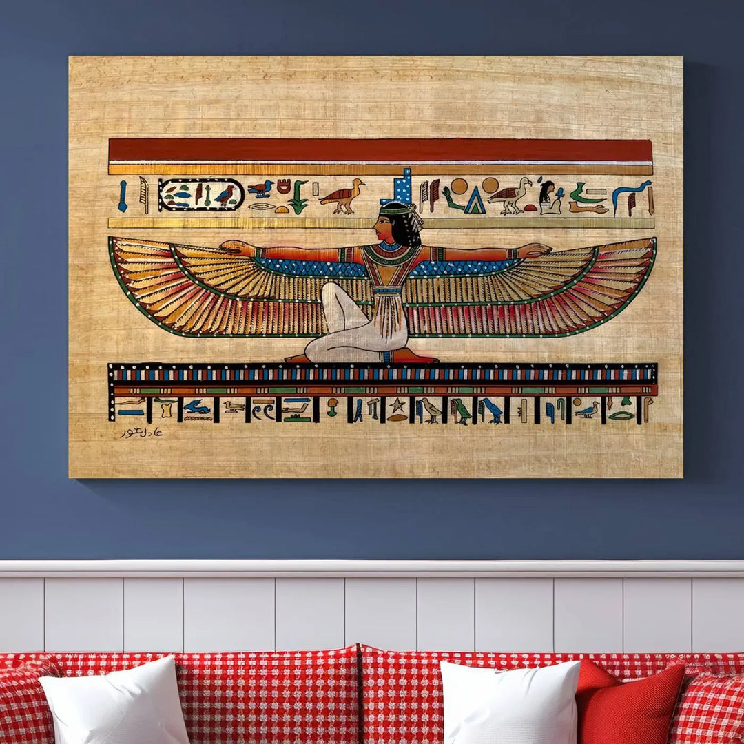 The "Egypt Isis Wall Art Canvas Print" features a winged figure in Egyptian style with high-resolution precision on museum-quality canvas, creating a striking visual impact.