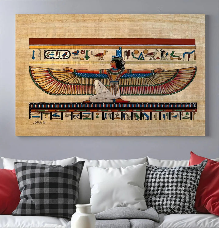 The "Egypt Isis Wall Art Canvas Print" features a winged figure in Egyptian style with high-resolution precision on museum-quality canvas, creating a striking visual impact.