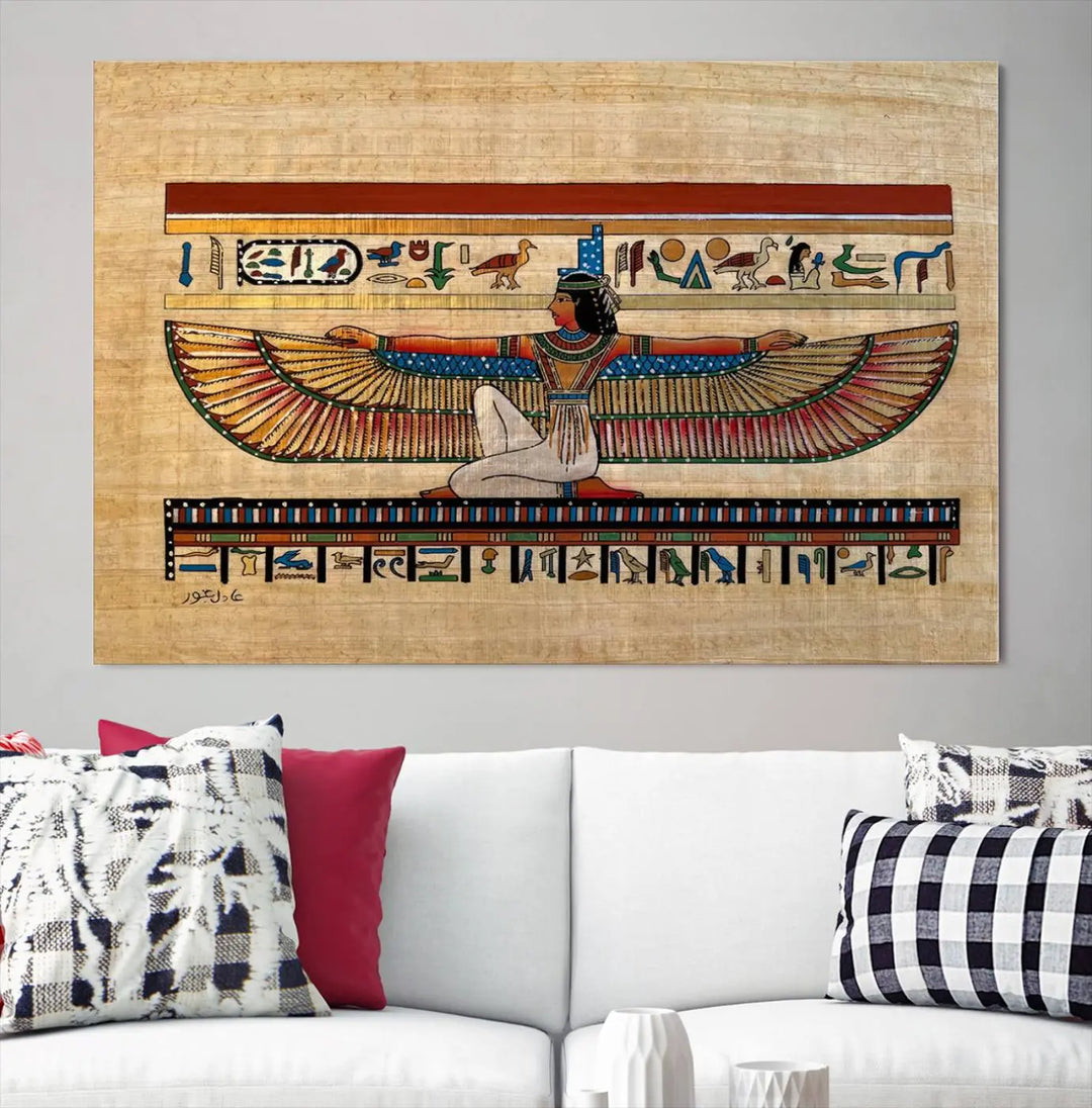 The "Egypt Isis Wall Art Canvas Print" features a winged figure in Egyptian style with high-resolution precision on museum-quality canvas, creating a striking visual impact.