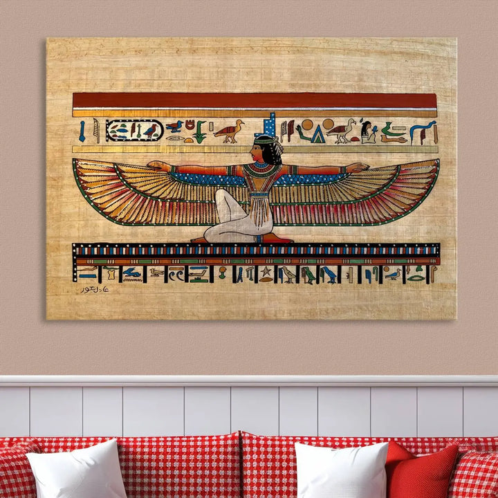 The "Egypt Isis Wall Art Canvas Print" features a winged figure in Egyptian style with high-resolution precision on museum-quality canvas, creating a striking visual impact.