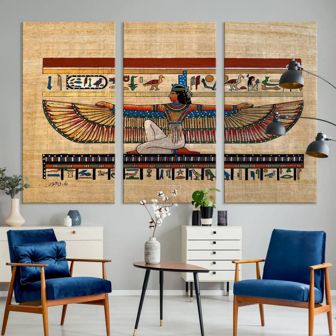 The "Egypt Isis Wall Art Canvas Print" features a winged figure in Egyptian style with high-resolution precision on museum-quality canvas, creating a striking visual impact.