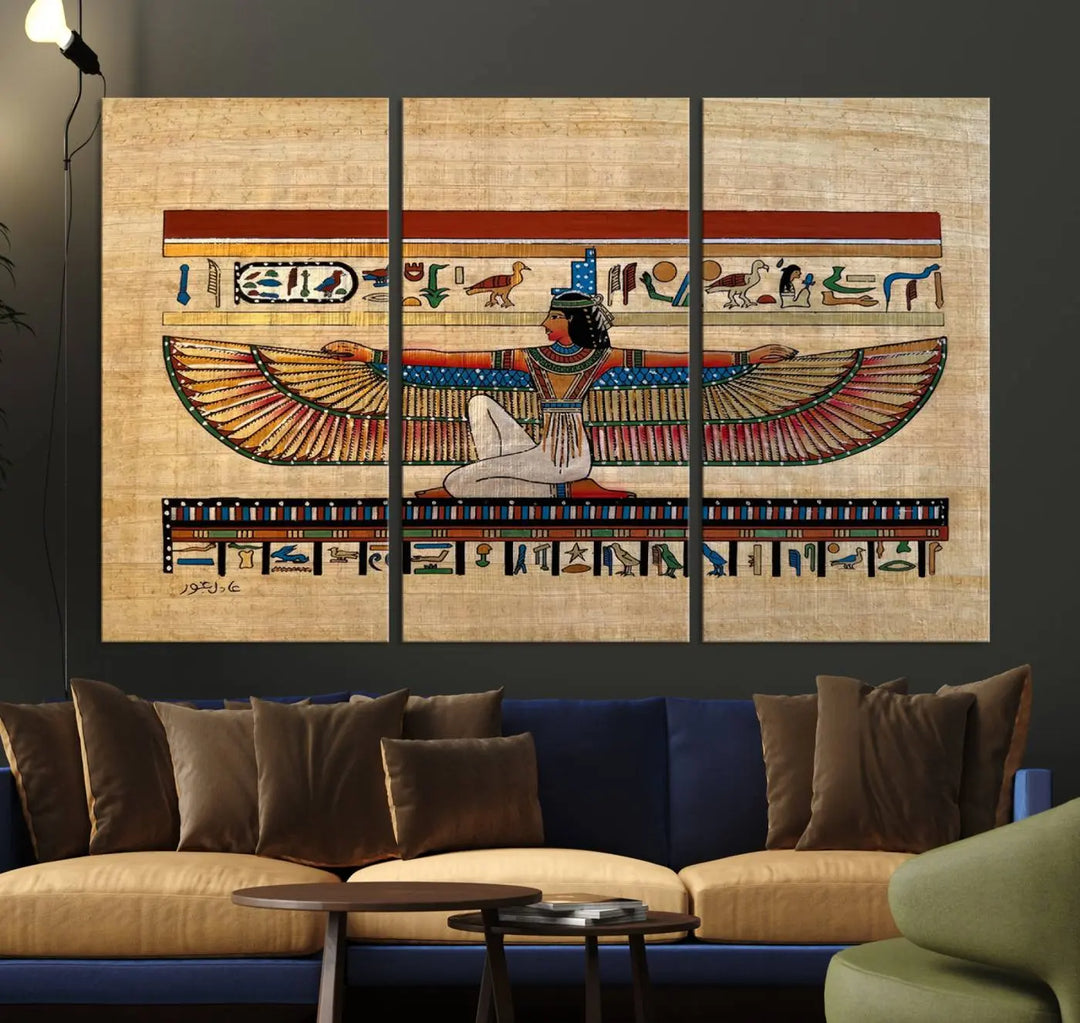 The "Egypt Isis Wall Art Canvas Print" features a winged figure in Egyptian style with high-resolution precision on museum-quality canvas, creating a striking visual impact.