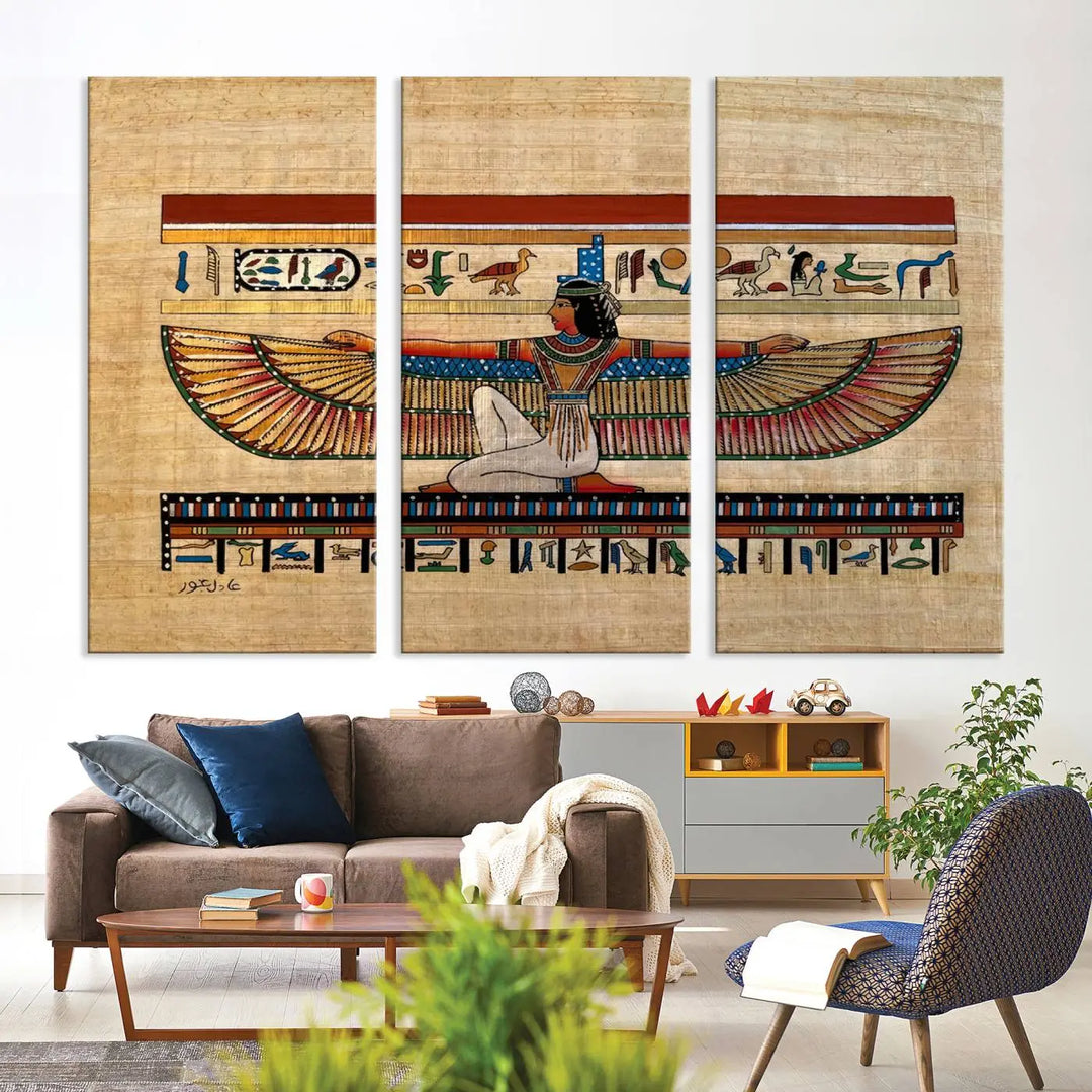 The "Egypt Isis Wall Art Canvas Print" features a winged figure in Egyptian style with high-resolution precision on museum-quality canvas, creating a striking visual impact.