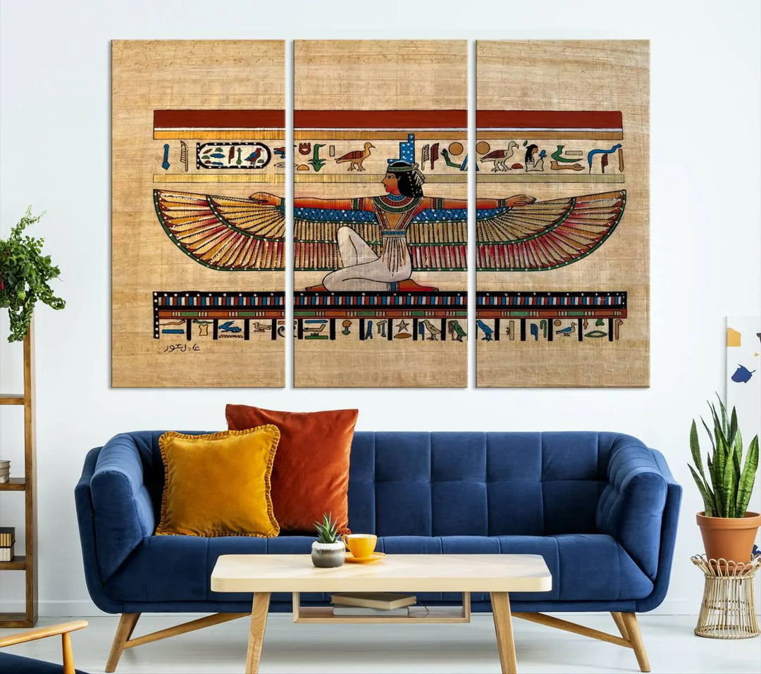 The "Egypt Isis Wall Art Canvas Print" features a winged figure in Egyptian style with high-resolution precision on museum-quality canvas, creating a striking visual impact.