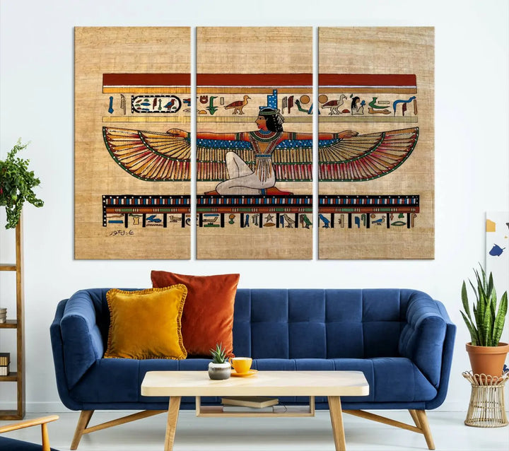 The "Egypt Isis Wall Art Canvas Print" features a winged figure in Egyptian style with high-resolution precision on museum-quality canvas, creating a striking visual impact.