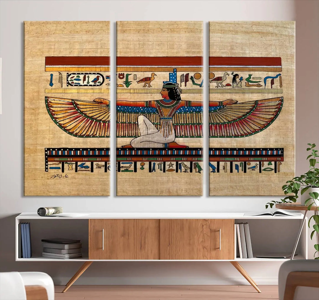 The "Egypt Isis Wall Art Canvas Print" features a winged figure in Egyptian style with high-resolution precision on museum-quality canvas, creating a striking visual impact.