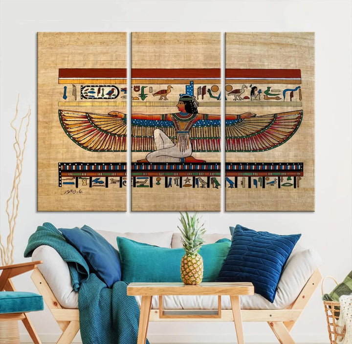 The "Egypt Isis Wall Art Canvas Print" features a winged figure in Egyptian style with high-resolution precision on museum-quality canvas, creating a striking visual impact.