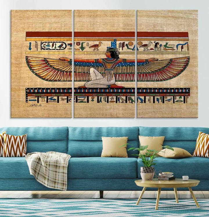 The "Egypt Isis Wall Art Canvas Print" features a winged figure in Egyptian style with high-resolution precision on museum-quality canvas, creating a striking visual impact.