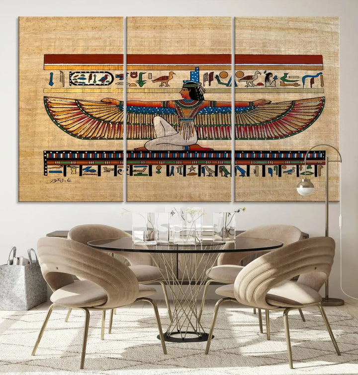 The "Egypt Isis Wall Art Canvas Print" features a winged figure in Egyptian style with high-resolution precision on museum-quality canvas, creating a striking visual impact.